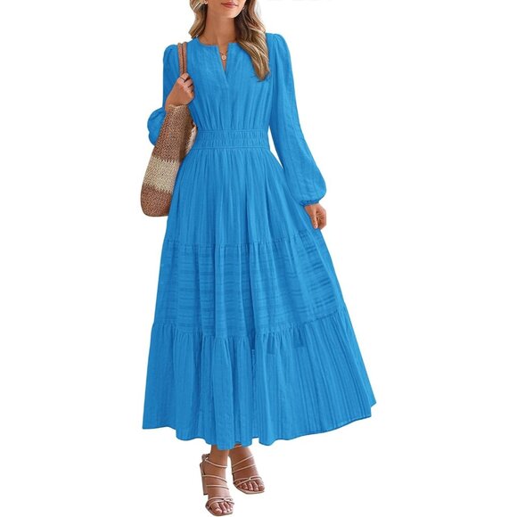 Dresses & Skirts - Women Brilliant Blue Long Sleeve V Neck Elastic Waist Maxi Dress With Pockets